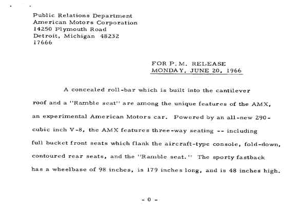 1966 AMX Prototype Press Release