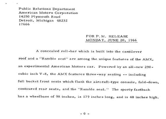 1966 AMX Prototype Press Release