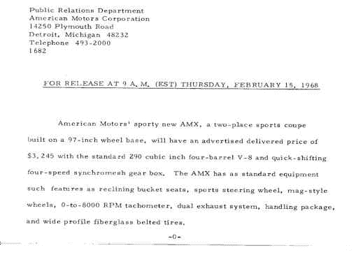 1968 Production AMX Press Release